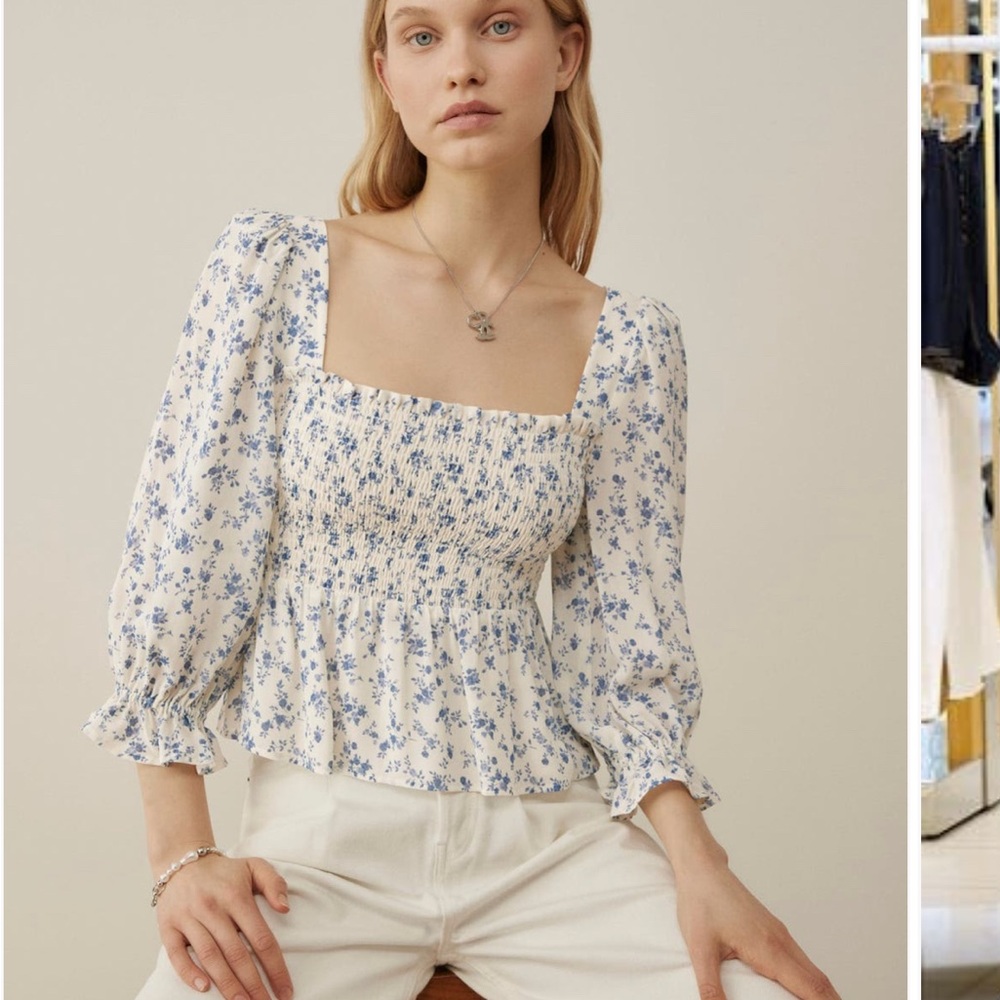 Reformation Blue and White Floral Blouse